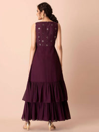 Thumbnail for Indya Women Purple & Gold-Toned Embellished Ruffled High Slit Kurta - Distacart