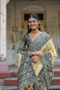 Thumbnail for Vishnu Weaves Women's Black Handloom Raw Silk Woven Saree with Blouse - Distacart