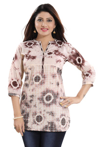 Thumbnail for Snehal Creations Bold Beige Cotton Chikan Short Kurti Top With Batik Printing - Distacart