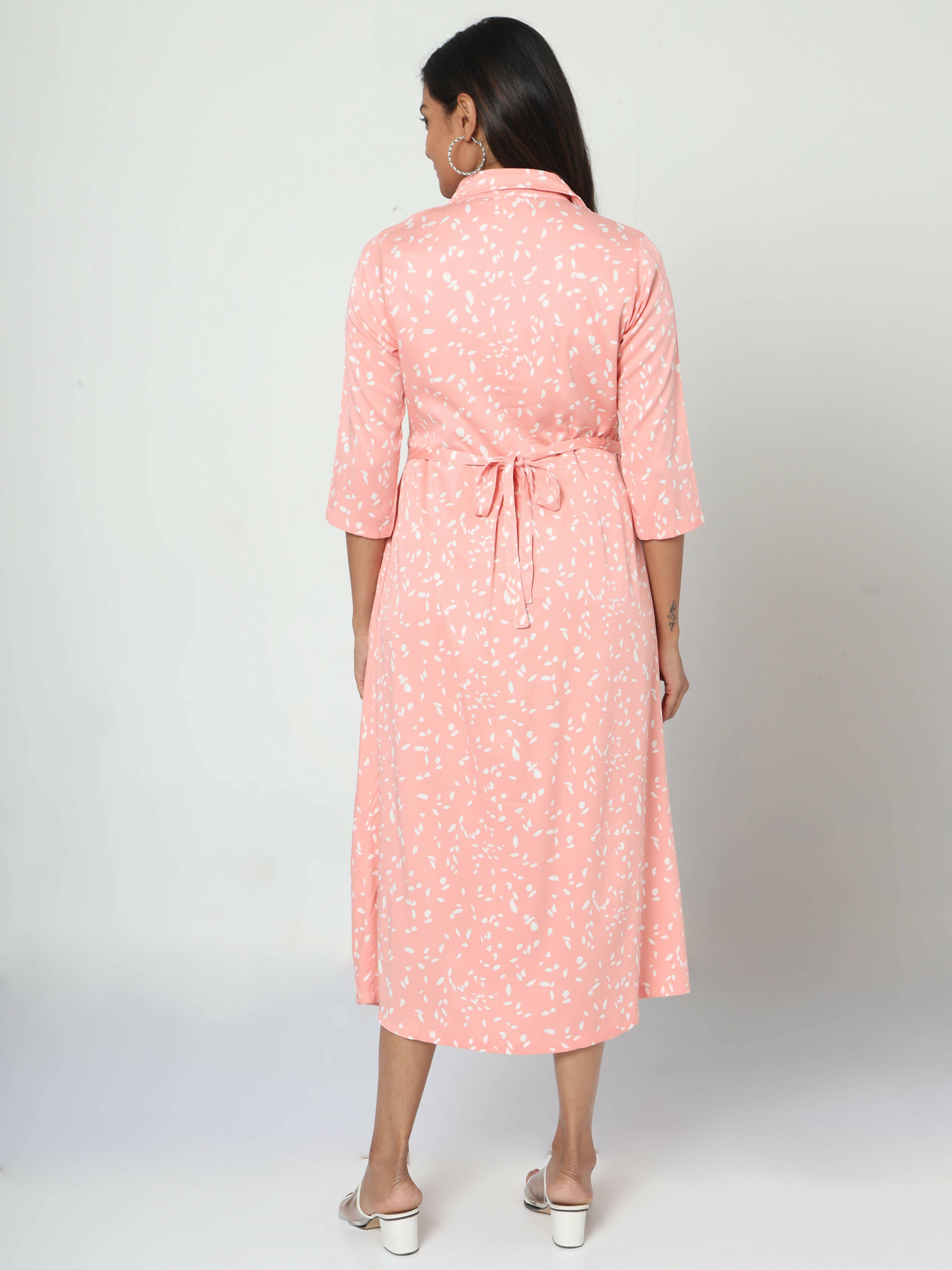 Manet Three Fourth Maternity Dress White Dot Print With Concealed Zipper Nursing Access - Pink - Distacart