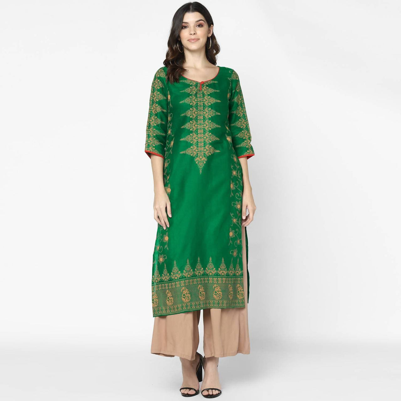 Cheera Hand Block Print Bottle Green & Skin Color Straight Kurta With Palazzo (MAAI-091K)