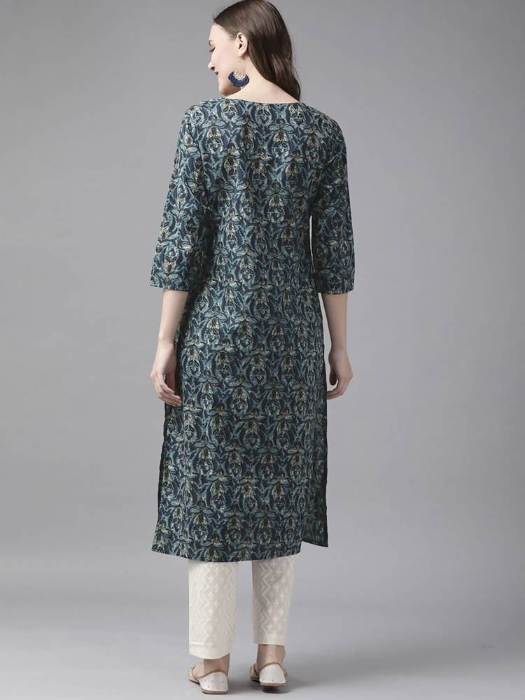 Yufta Women Blue and White Ethnic Motifs Pure Cotton Kurta with Trouser