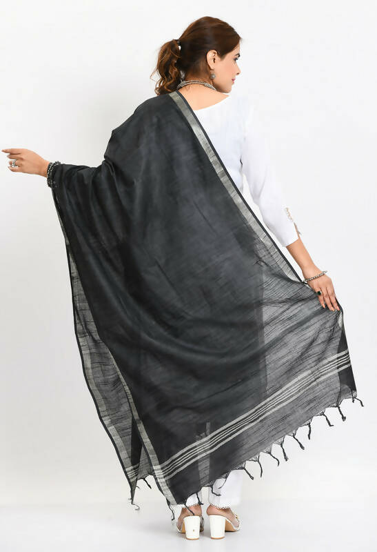 Mominos Fashion Moeza Women's Linen Cotton Silver Border Black Dupatta - Distacart
