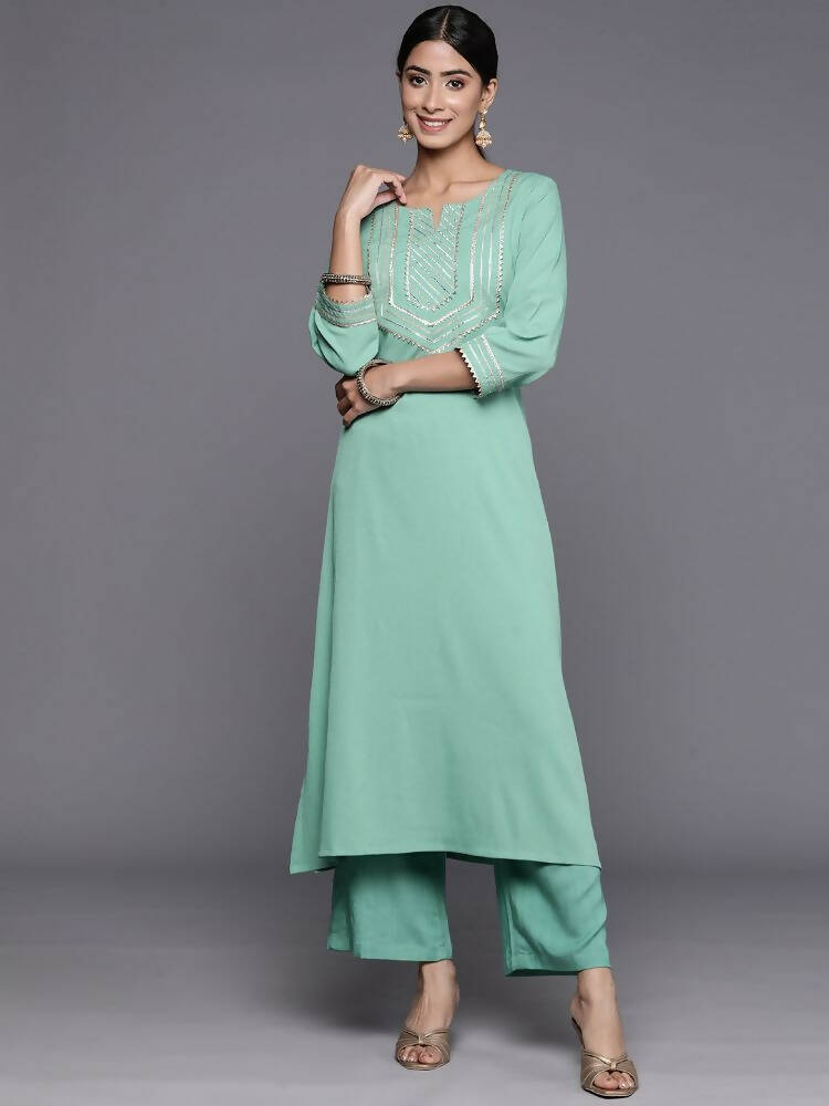 Varanga Women Sea Green Gota Embellished Straight Kurta With Three Quarter Sleeves - Distacart