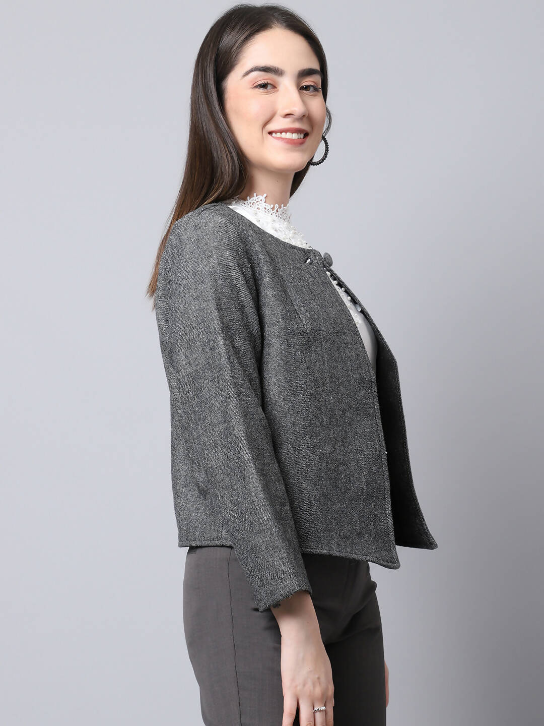Even Apparels Black Pure Wool Open Front Statement Women's Jacket - Distacart