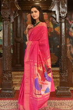 Thumbnail for Very Much Indian Handloom Pure Cotton Paithani Radhakrishna Pallu-Rani Pink - Distacart
