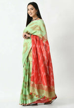 Thumbnail for Mominos Fashion Moeza Light Green & Red Bhagalpuri Handloom Ikat Pure Cotton Saree with unstitched Blouse piece - Distacart