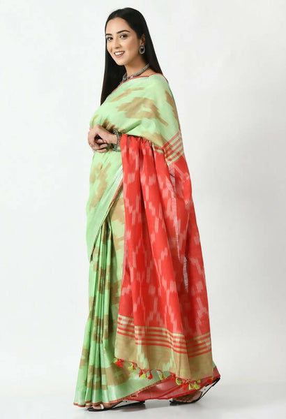 Mominos Fashion Moeza Light Green & Red Bhagalpuri Handloom Ikat Pure Cotton Saree with unstitched Blouse piece - Distacart