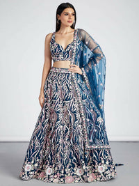 Thumbnail for House of Panchhi Navy Blue Net Sequins And Thread Embroidery Lehenga Choli & Dupatta - Distacart