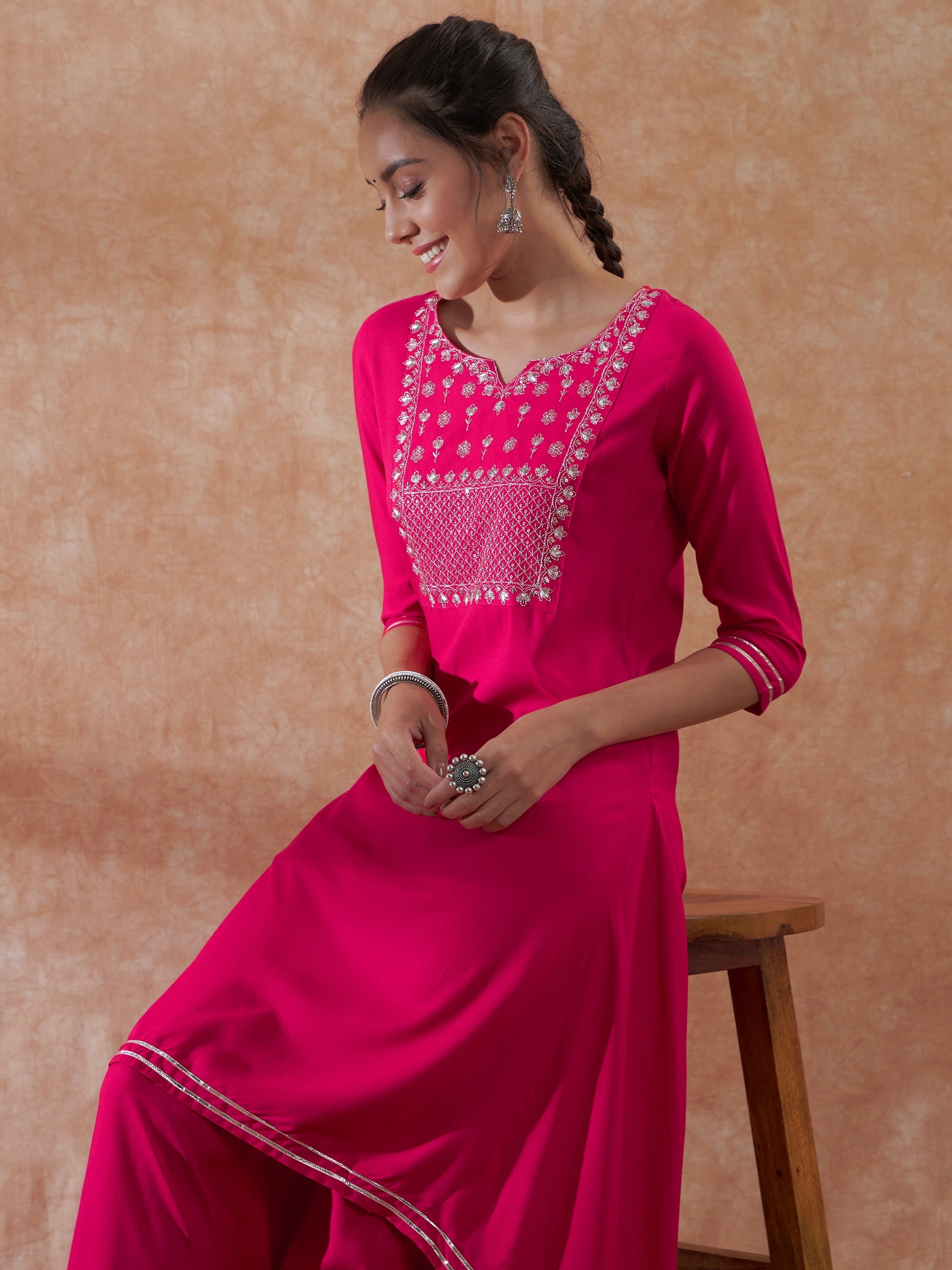 InWeave Women's Magenta Emb Assymetrical Kurta Pant Set - Distacart