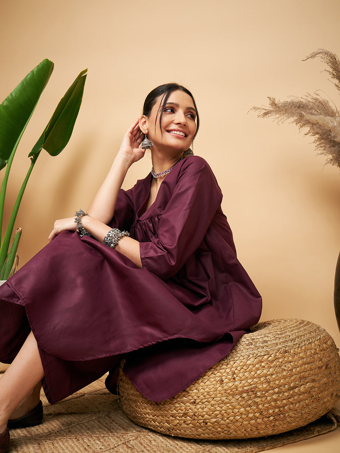 InWeave Women's Wine Solid Flared Kurta Palazzo Set - Distacart