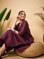 Thumbnail for InWeave Women's Wine Solid Flared Kurta Palazzo Set - Distacart