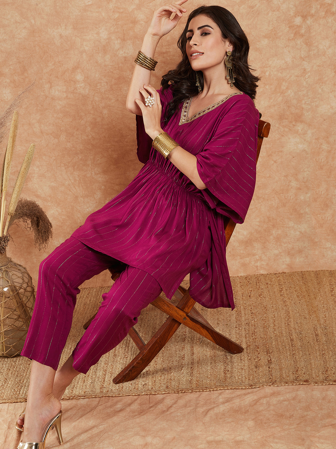InWeave Women's Magenta Lurex V Neck Gota Kaftan Style Kurta Set - Distacart