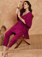 Thumbnail for InWeave Women's Magenta Lurex V Neck Gota Kaftan Style Kurta Set - Distacart