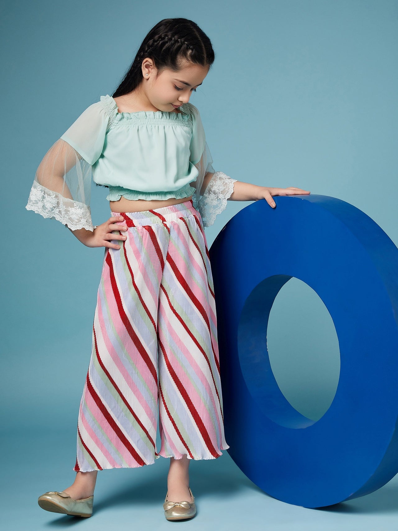 Girls Square Neck Top With Striped Palazzos - Mini Marvels - Distacart