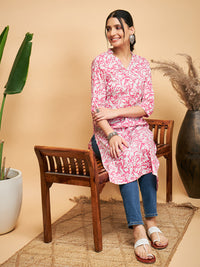 Thumbnail for InWeave Women's Pink Foil White Print Angrakha Stright Kurta - Distacart