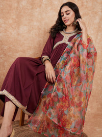 Thumbnail for InWeave Women's Dark Burgundy Alia Neck Style Gota Set W Organza Dupatta - Distacart