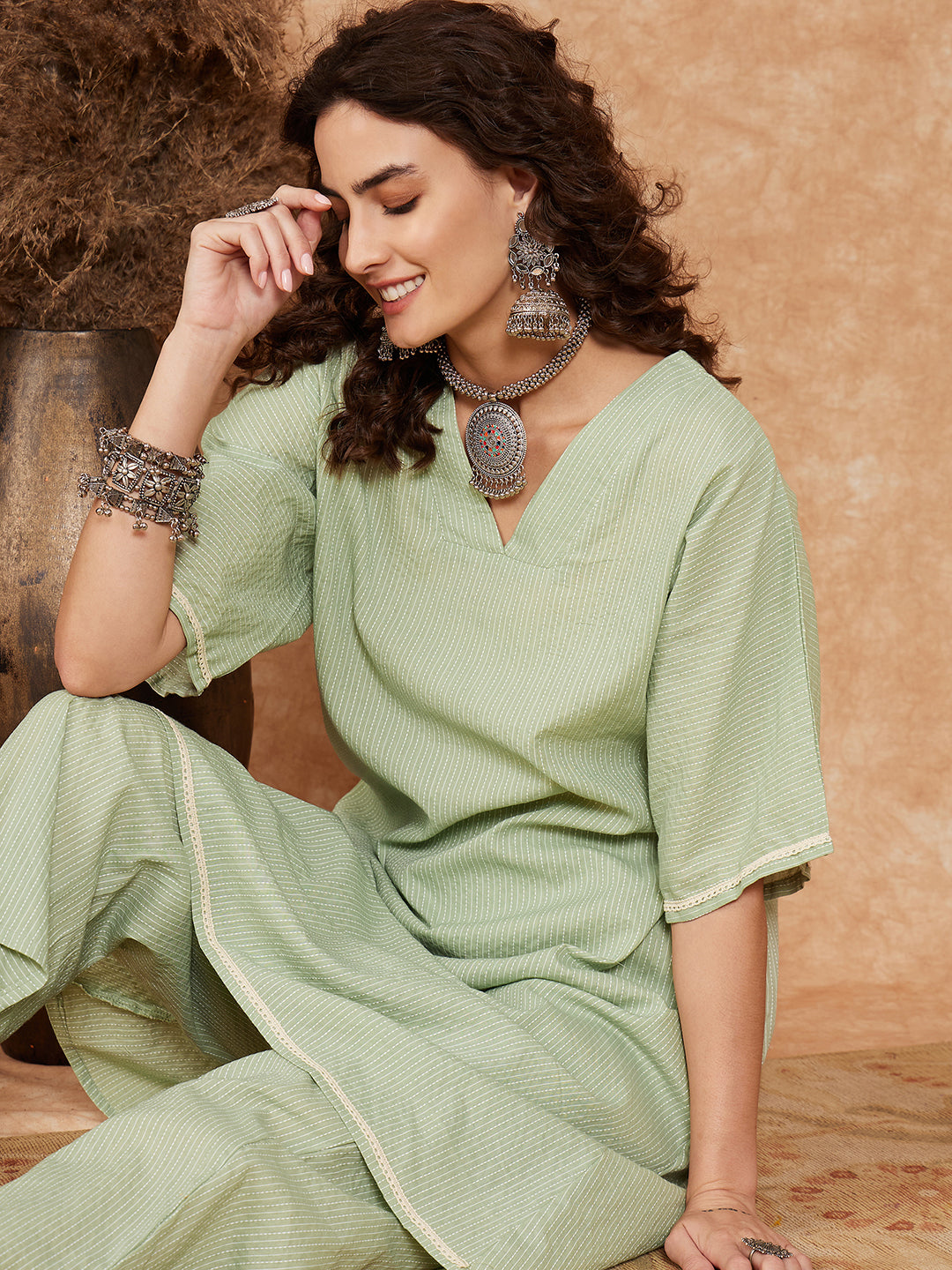 InWeave Women's Sage Green Kantha Lace Wrok Kimono Sleeve Kurta Set - Distacart