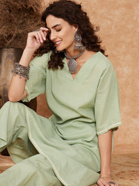 Thumbnail for InWeave Women's Sage Green Kantha Lace Wrok Kimono Sleeve Kurta Set - Distacart