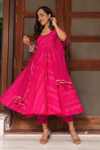 Thumbnail for Pomcha Jaipur Bhandhej Pink Cotton Anarkali Set - Distacart