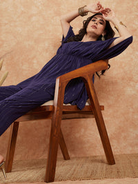 Thumbnail for InWeave Women's Royal Blue Lurex V Neck Gota Kaftan Style Kurta Set - Distacart