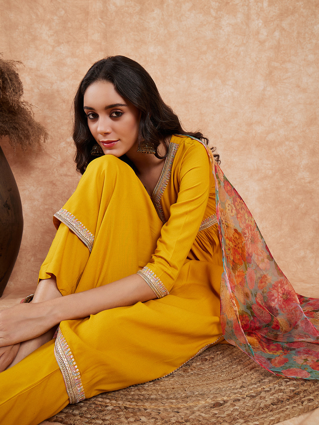 InWeave Women's Mustard Alia Neck Style Gota Set W Organza Dupatta - Distacart