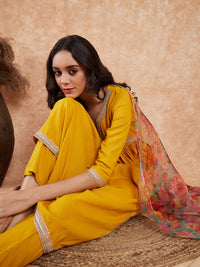 Thumbnail for InWeave Women's Mustard Alia Neck Style Gota Set W Organza Dupatta - Distacart