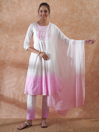 Thumbnail for InWeave Women's White Lurex Pink Dye Patch Gota Anarkali Kurta Set W Dupatta - Distacart