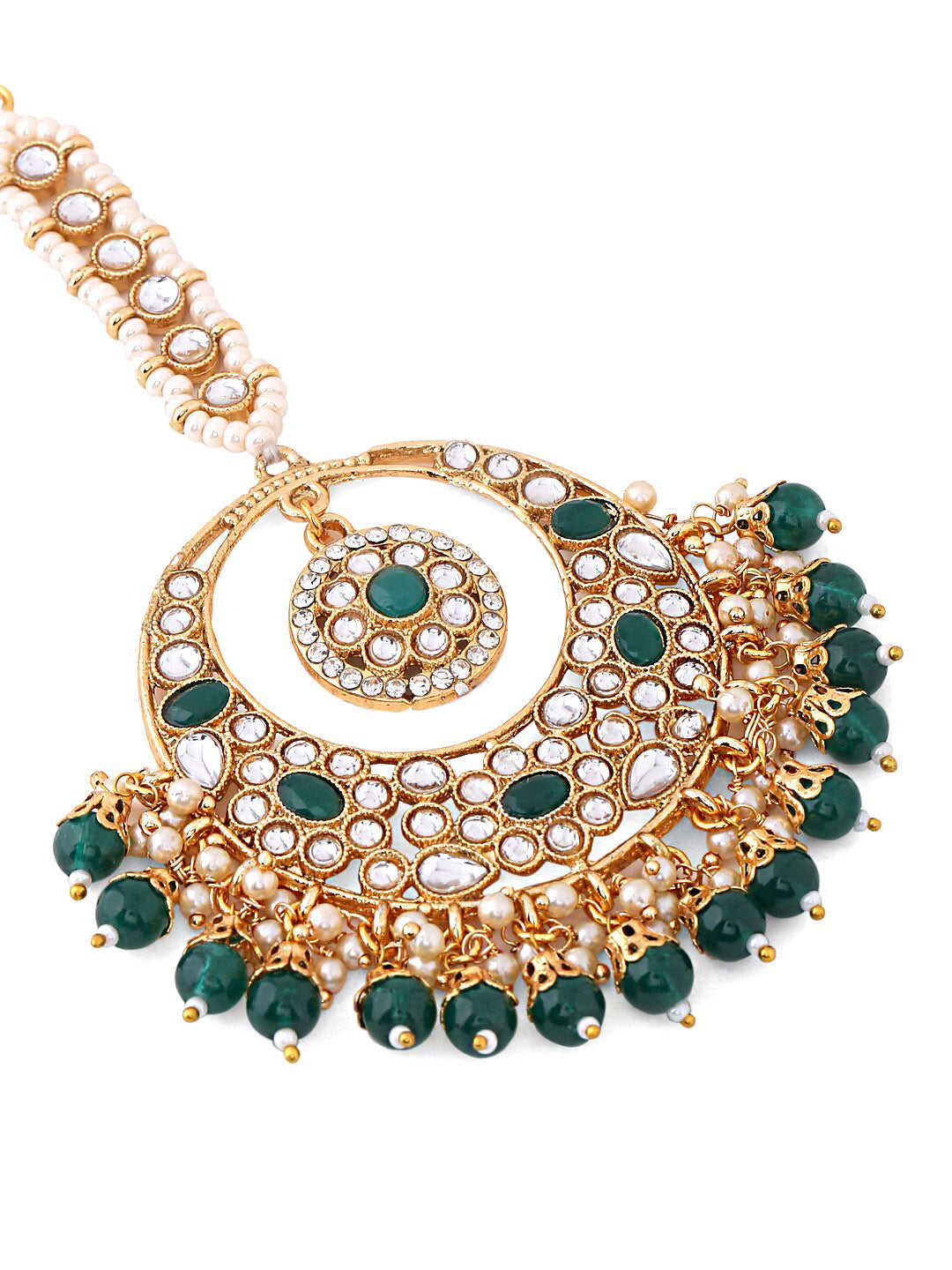 Yellow Chimes Gold-Plated White & Green Kundan-Studded & Beaded Maang Tikka - Distacart