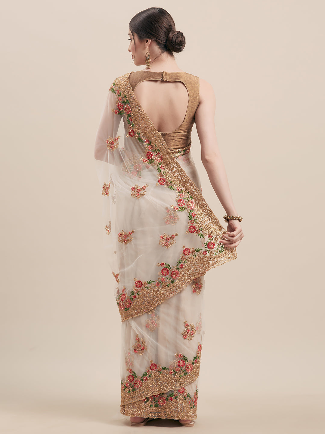 Tikhi Imli Off-White & Gold-Coloured Net Embroidered Saree - Distacart