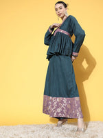 Thumbnail for InWeave Women's Teal Mauve Brocade Mughal Shaan Kurta Palazzo Set - Distacart