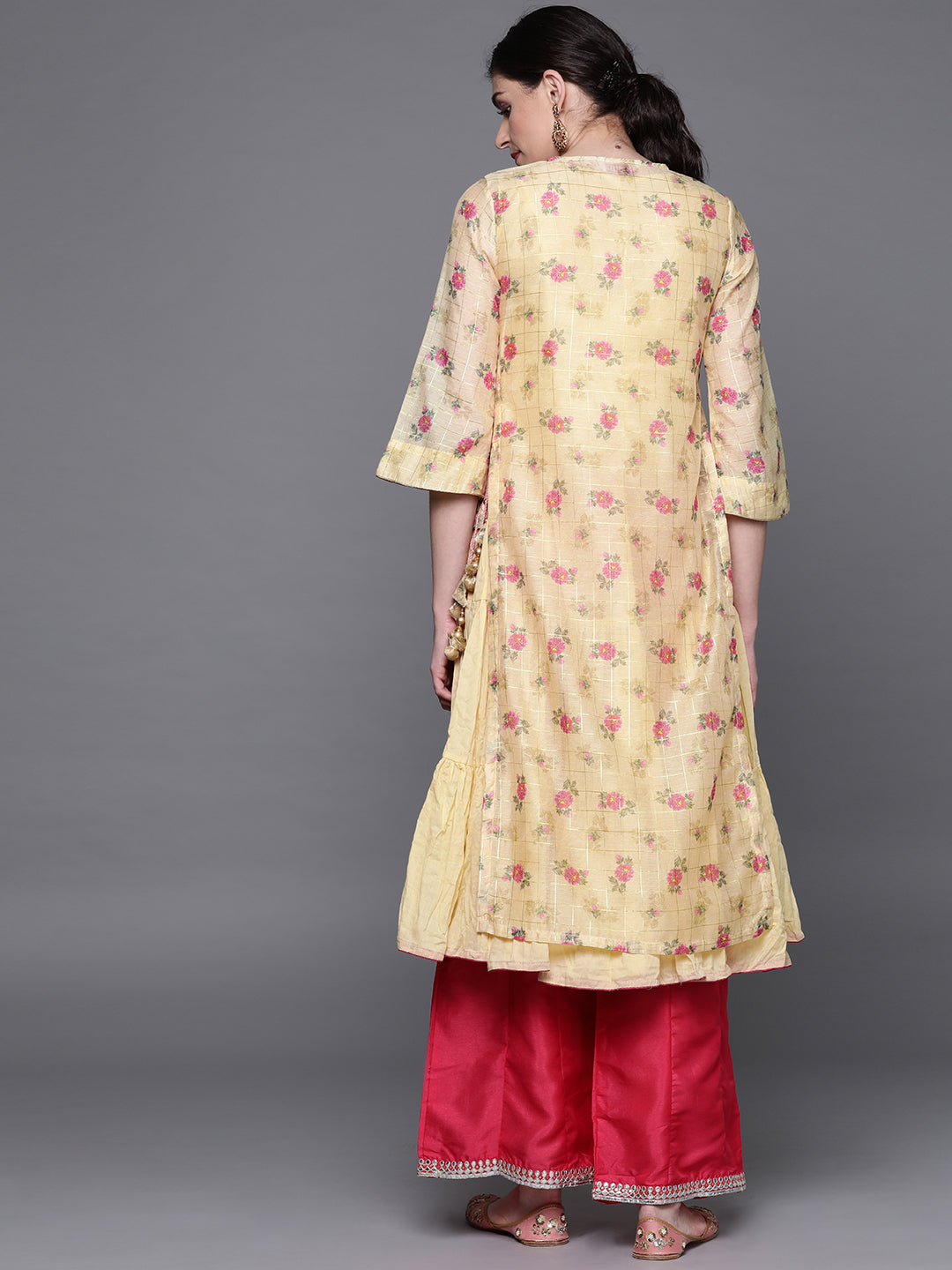 Biba Women Yellow & Pink Printed Layered Tiered A-Line Kurta - Distacart