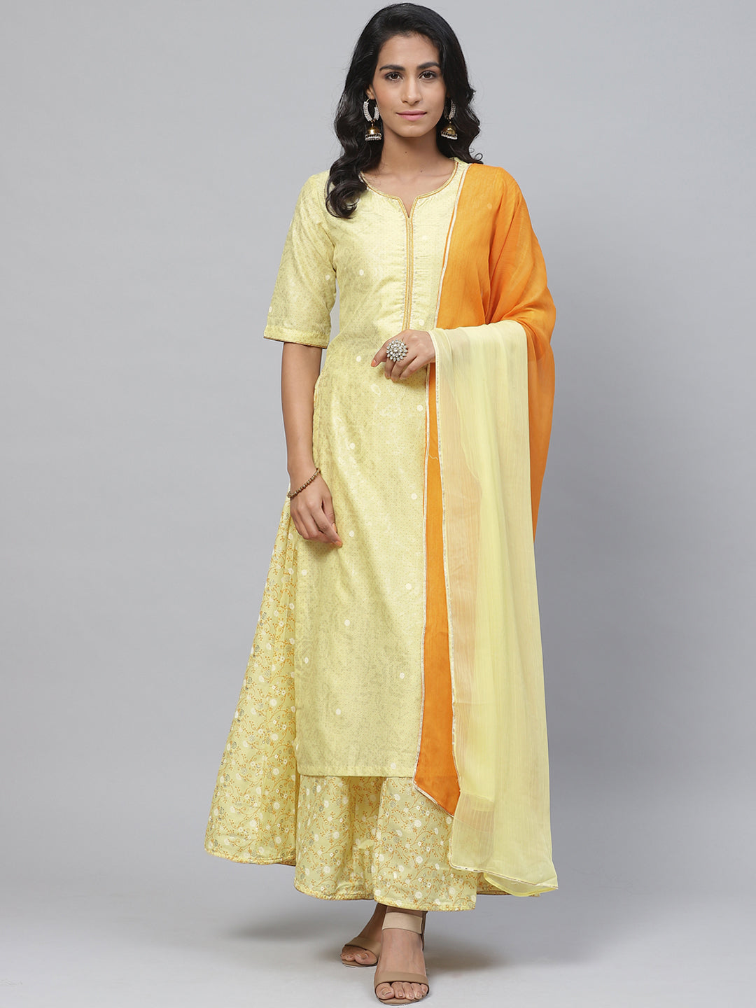 Biba Women Yellow & Orange Printed Kurta with Palazzos & Dupatta - Distacart