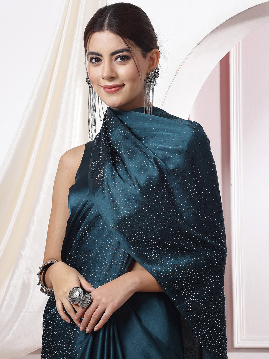 Mitera Teal Blue Embellished Sequinned Saree - Distacart