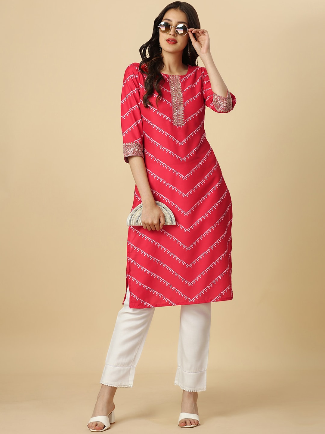 HERE&NOW Red & White Bandhani Printed Thread Work Kurta - Distacart