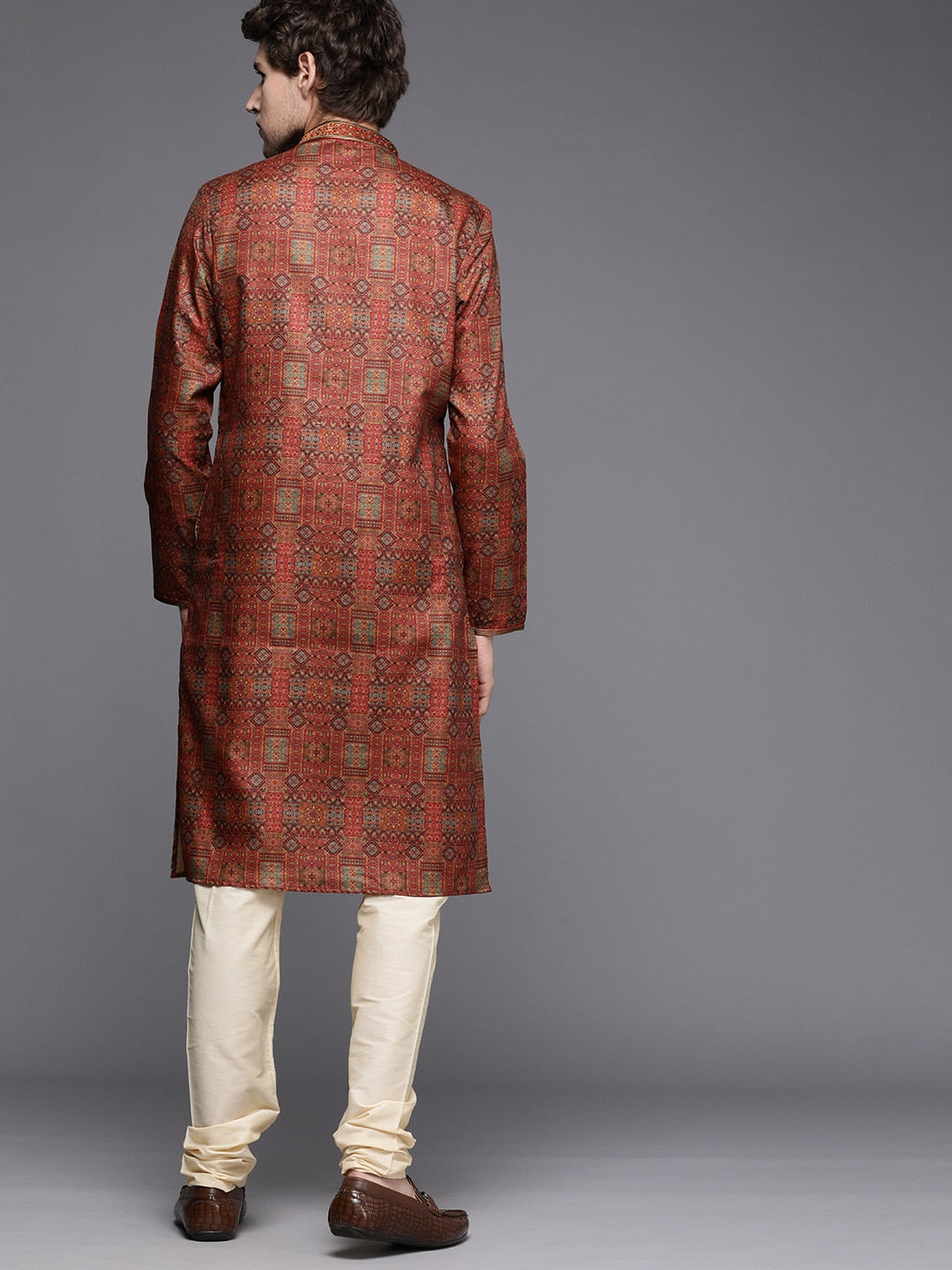 Manyavar Men Rust Red Ethnic Motifs Woven Design Kurta with Churidar - Distacart