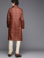Thumbnail for Manyavar Men Rust Red Ethnic Motifs Woven Design Kurta with Churidar - Distacart