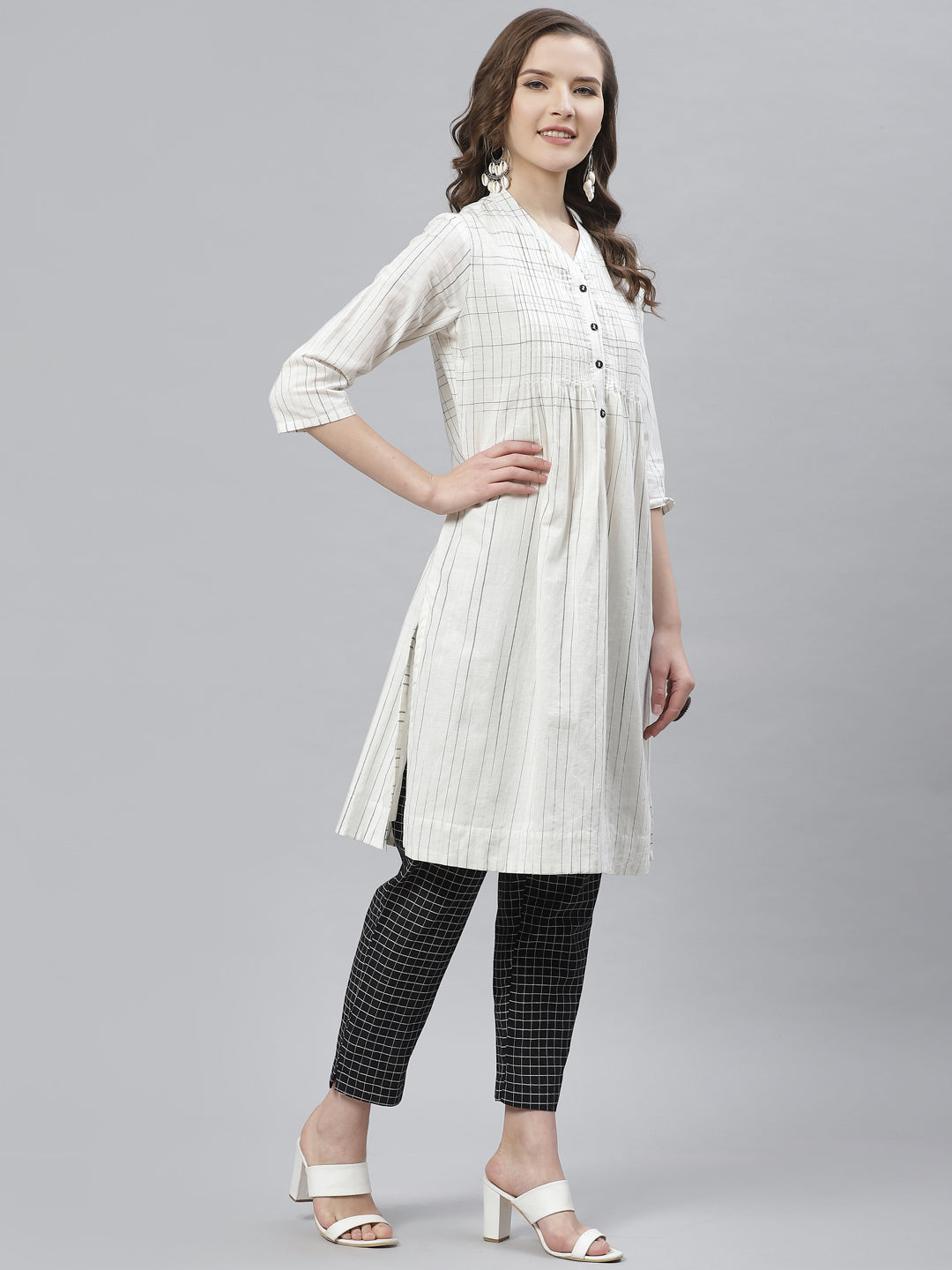 Biba Women White & Black Striped Kurta with Trousers & Dupatta - Distacart
