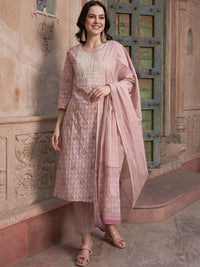 Thumbnail for Sangria Mauve coloured Floral Printed Pure Cotton Kurta with Churidar & With Dupatta - Distacart