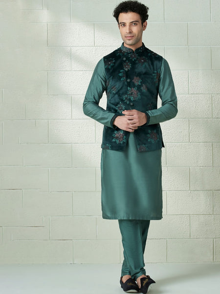 Manyavar Mandarin Collar Kurta with Pyjamas & Nehru Jacket - Distacart