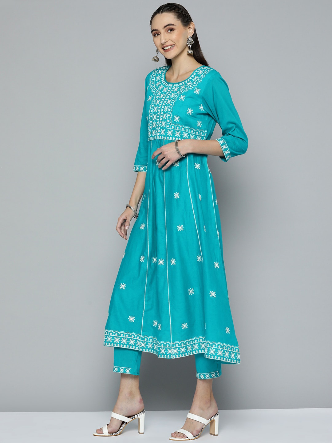 HERE&NOW Women Blue Ethnic Motifs Embroidered Thread Work Kurta with Trousers & With Dupatta - Distacart