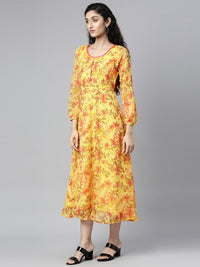 Thumbnail for Souchii Yellow Floral Layered Chiffon A-Line Midi Dress - Distacart