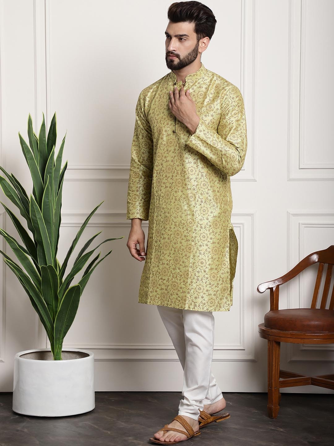 Sojanya Men Lime Green Ethnic Motifs Printed Kurta with Pyjamas & Nehru Jacket - Distacart