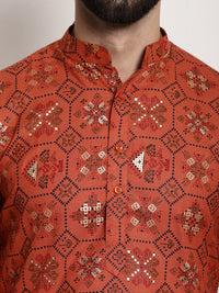 Thumbnail for Sojanya Men Orange Printed Cotton Linen Kurta with Churidar - Distacart