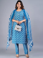 Thumbnail for Kalini Floral Printed Beads and Stones Pure Cotton Kurta with Trousers & Dupatta - Distacart