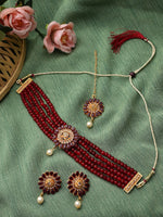Thumbnail for Cardinal Gold-Plated Maroon Onyx-Studded & Beaded Jewellery Set - Distacart