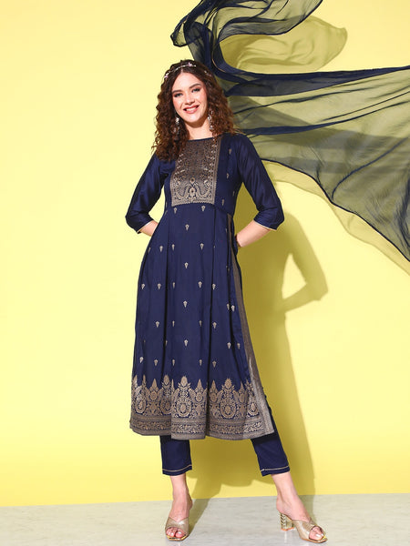 Sangria Floral Yoke Design Pleated Chanderi Silk Kurta with Trousers & With Dupatta - Distacart