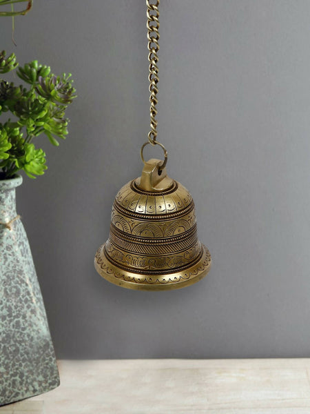 CraftVatika Gold-Toned Brass Hanging Bell with Attached Chain & Hook - Distacart
