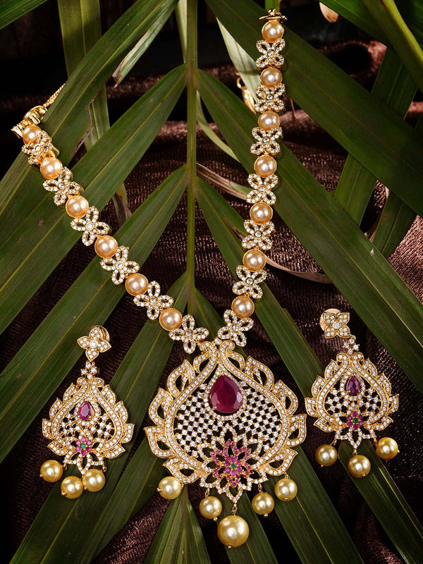Saraf RS Jewellery Gold-Plated White & Pink American Diamond Studded & Beaded Handcrafted Jewellery Set - Distacart