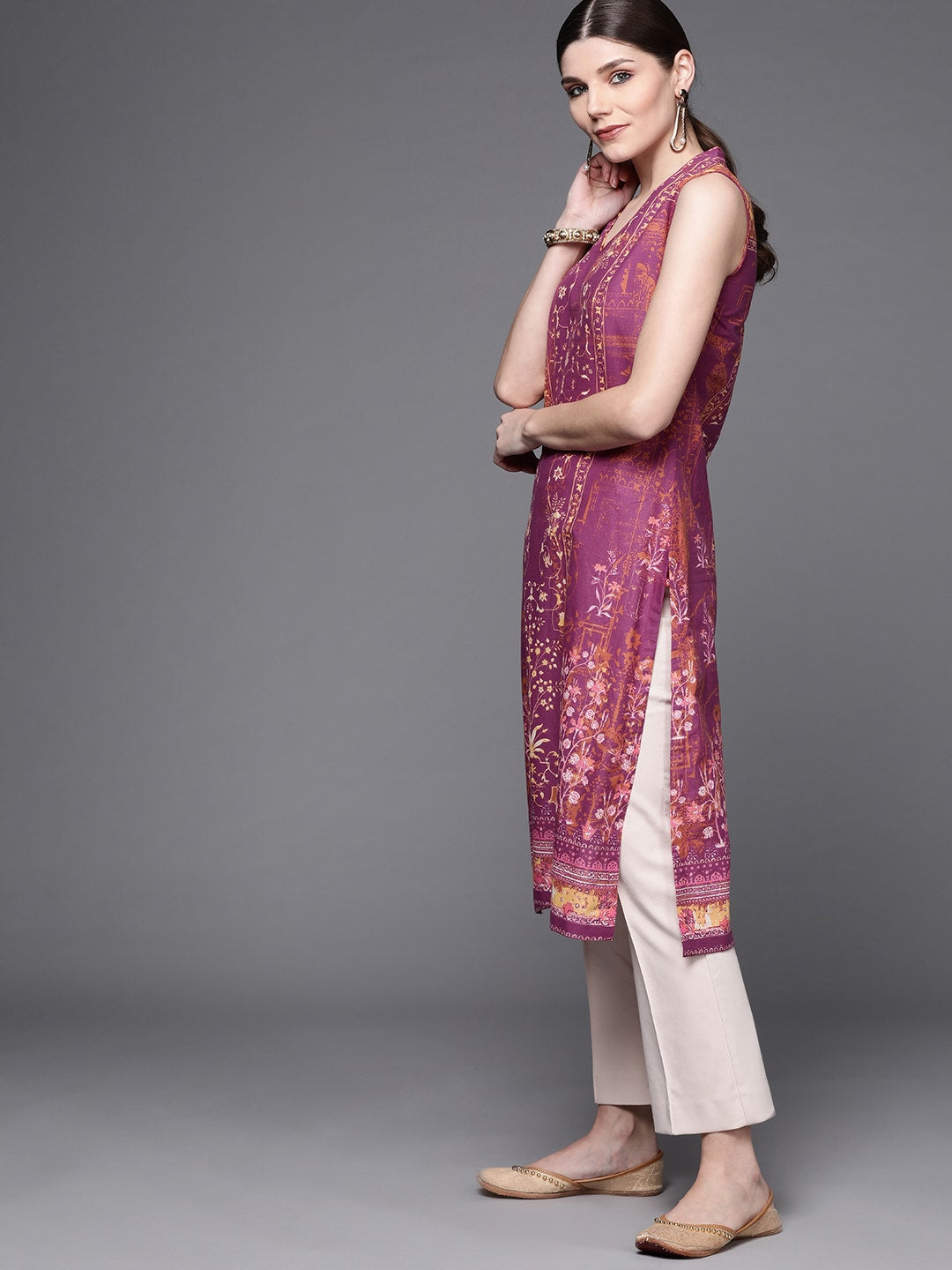 Biba Women Purple & Brown Pure Cotton Ethnic Motifs Printed V-Neck Sleeveless Kurta - Distacart